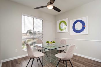Ceiling fan, dinning table in living room